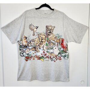 Vintage Habitat Singapore Single Stitch T Shirt, Winter Birds, Bunnies, Cats, Lg